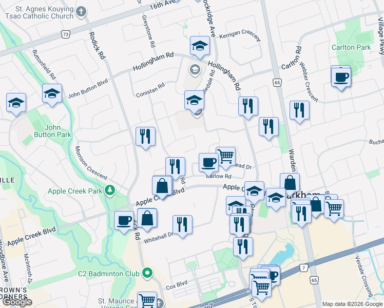 map of restaurants, bars, coffee shops, grocery stores, and more near 60 Ingleborough Court in Markham