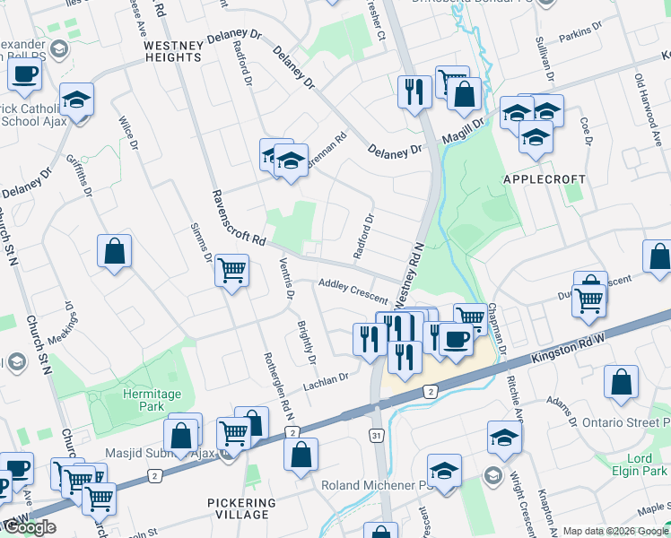map of restaurants, bars, coffee shops, grocery stores, and more near 35 Ravenscroft Road in Ajax