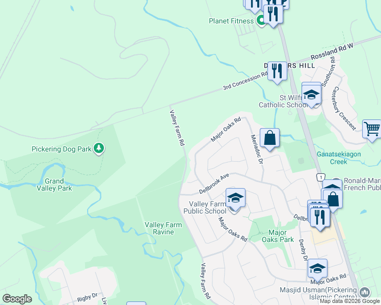 map of restaurants, bars, coffee shops, grocery stores, and more near 1473 Major Oaks Road in Pickering