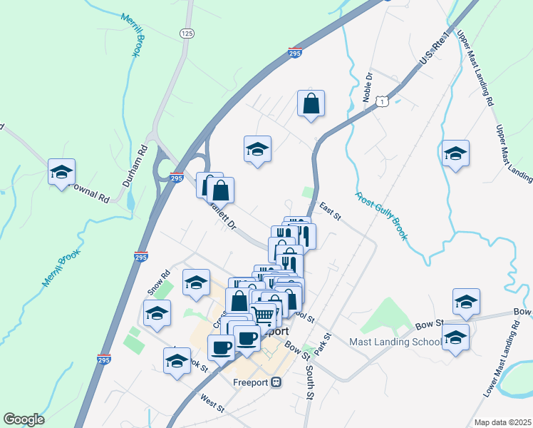 map of restaurants, bars, coffee shops, grocery stores, and more near 10 Library Drive in Freeport