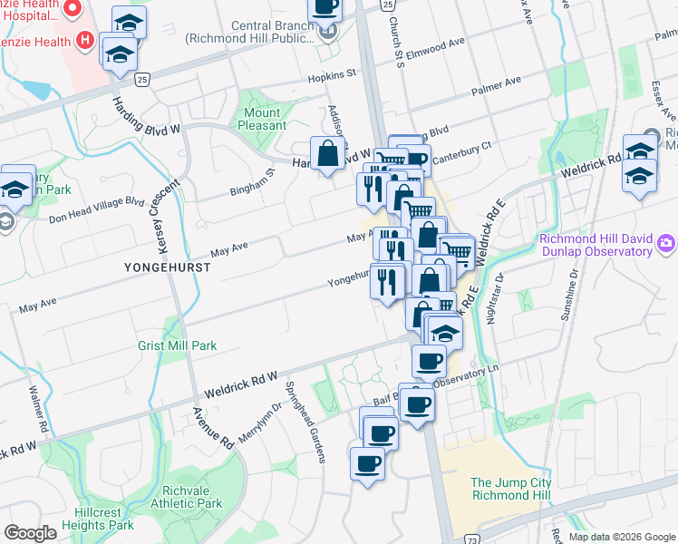 map of restaurants, bars, coffee shops, grocery stores, and more near 30 Yongehurst Road in Richmond Hill