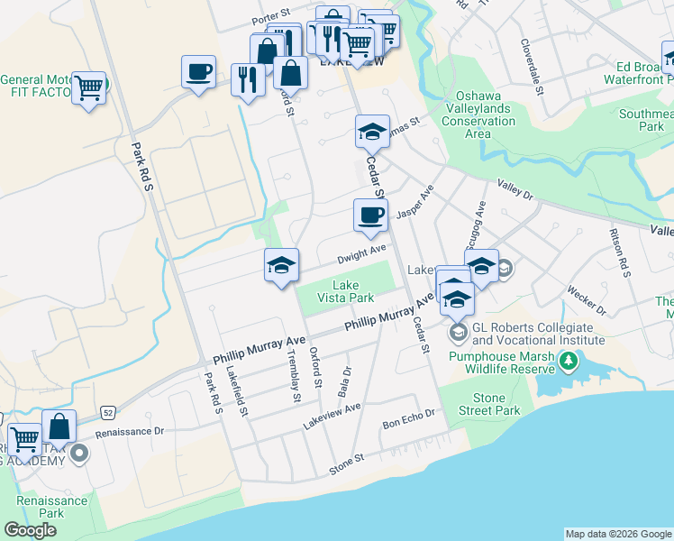 map of restaurants, bars, coffee shops, grocery stores, and more near 361 Dwight Avenue in Oshawa