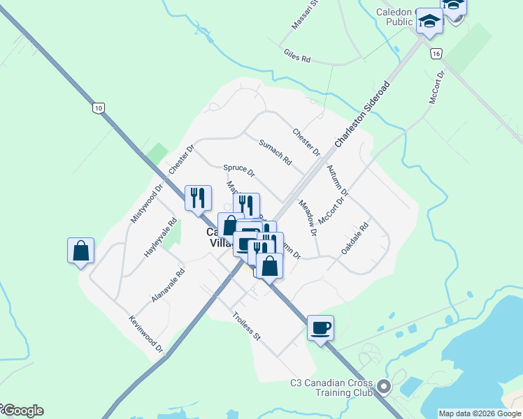 map of restaurants, bars, coffee shops, grocery stores, and more near 6 Maple Grove Road in Caledon Village