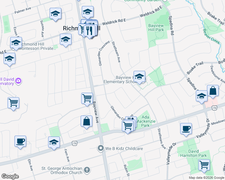 map of restaurants, bars, coffee shops, grocery stores, and more near 22 Hillholm Boulevard in Richmond Hill