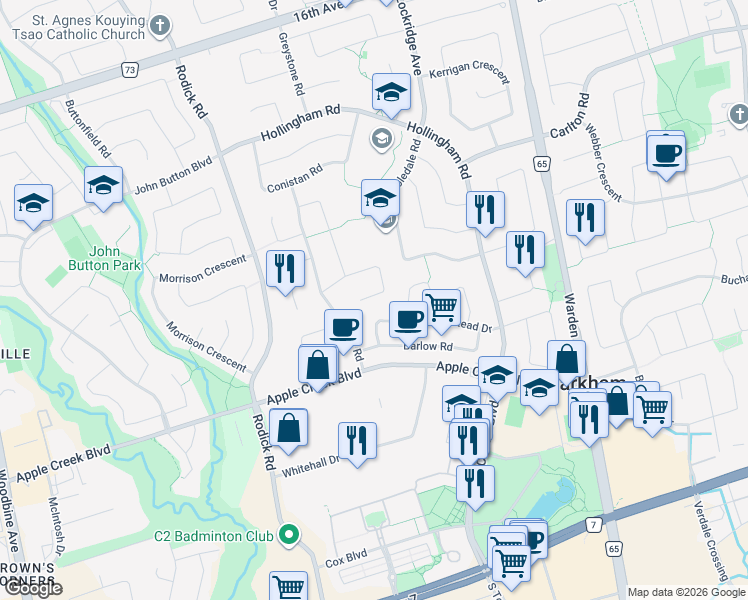 map of restaurants, bars, coffee shops, grocery stores, and more near 60 Ingleborough Court in Markham