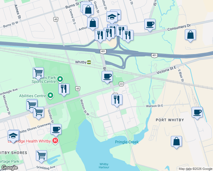 map of restaurants, bars, coffee shops, grocery stores, and more near 110 Victoria Street West in Whitby