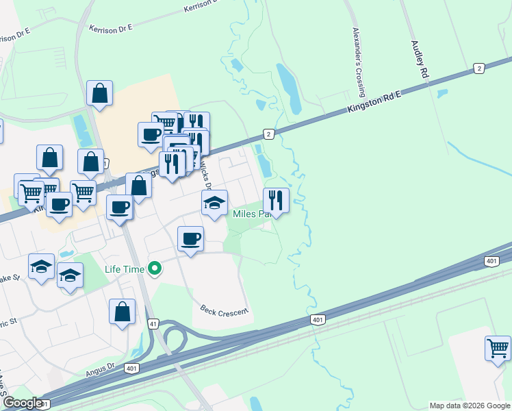 map of restaurants, bars, coffee shops, grocery stores, and more near 44 Galea Drive in Ajax