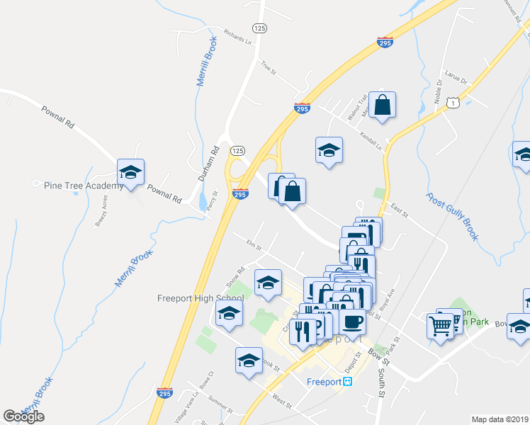 map of restaurants, bars, coffee shops, grocery stores, and more near 15 Oak Avenue in Freeport