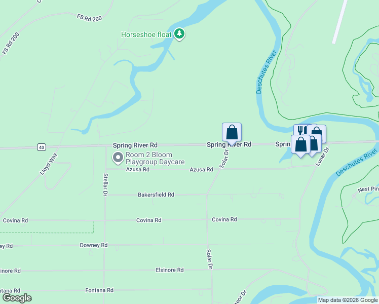 map of restaurants, bars, coffee shops, grocery stores, and more near 17159 Spring River Road in Bend