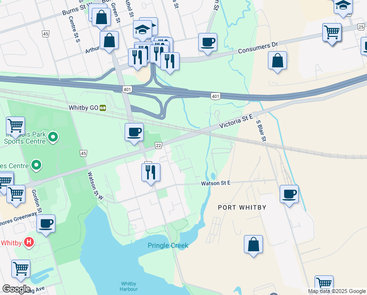map of restaurants, bars, coffee shops, grocery stores, and more near 113-231 Victoria Street East in Whitby
