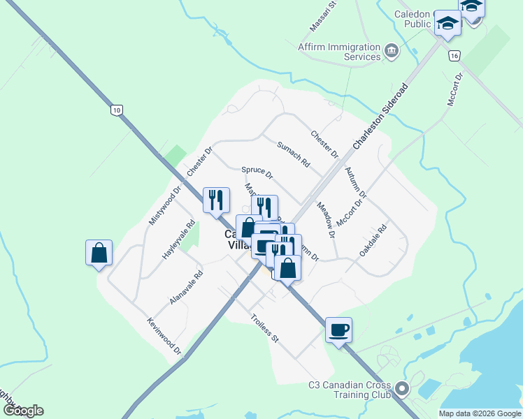 map of restaurants, bars, coffee shops, grocery stores, and more near 9 Maple Grove Road in Caledon Village