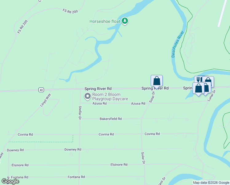 map of restaurants, bars, coffee shops, grocery stores, and more near 17123 Spring River Road in Bend