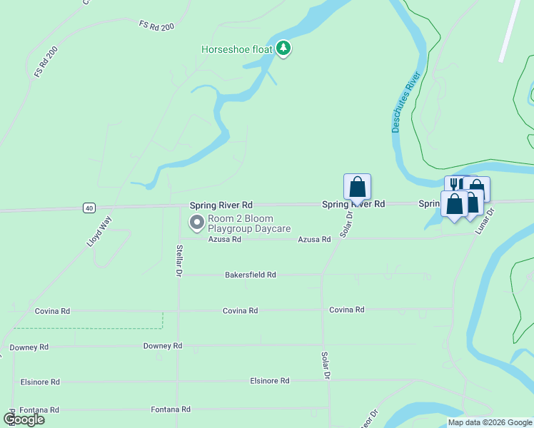 map of restaurants, bars, coffee shops, grocery stores, and more near 17123 Spring River Road in Bend