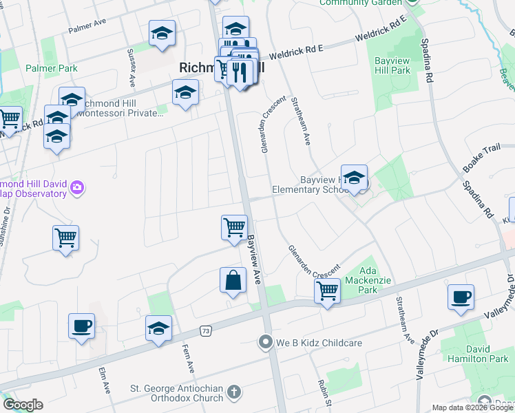 map of restaurants, bars, coffee shops, grocery stores, and more near 3 Ardwold Gate in Richmond Hill