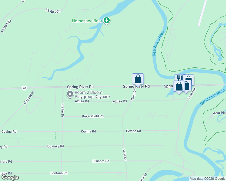map of restaurants, bars, coffee shops, grocery stores, and more near 17159 Spring River Road in Bend