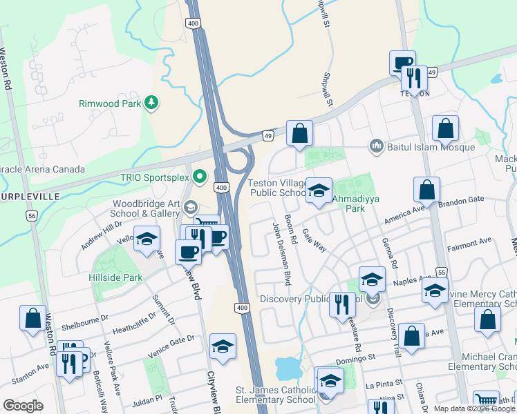 map of restaurants, bars, coffee shops, grocery stores, and more near 17 Navy Court in Vaughan