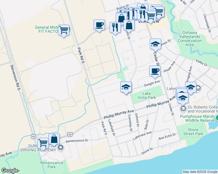 map of restaurants, bars, coffee shops, grocery stores, and more near 1306 Fenelon Crescent in Oshawa