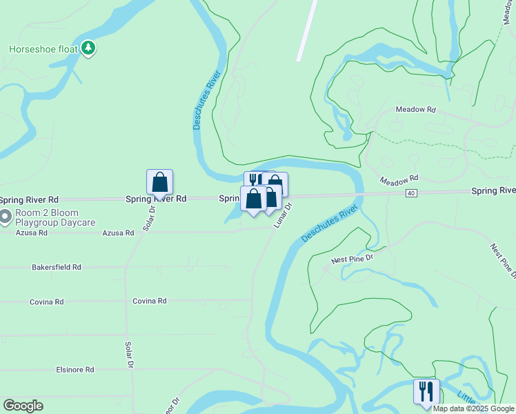 map of restaurants, bars, coffee shops, grocery stores, and more near 17371 Spring River Road in Bend