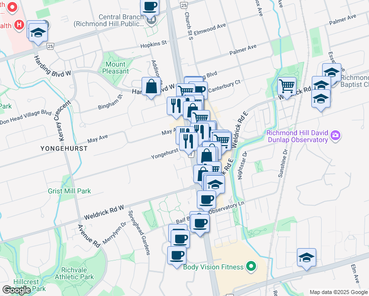 map of restaurants, bars, coffee shops, grocery stores, and more near 9618 Yonge Street in Richmond Hill