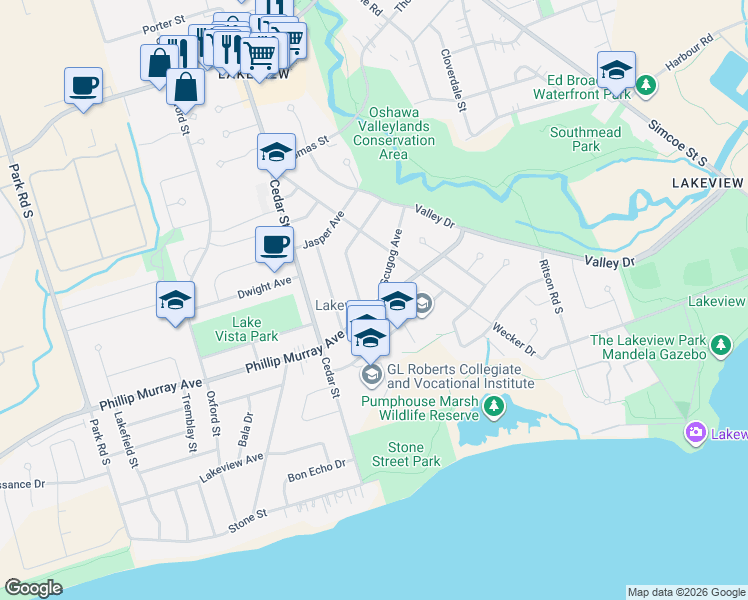 map of restaurants, bars, coffee shops, grocery stores, and more near 352 Phillip Murray Avenue in Oshawa