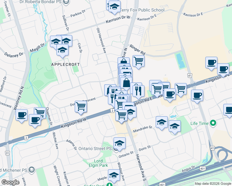 map of restaurants, bars, coffee shops, grocery stores, and more near 50 Harwood Avenue North in Ajax