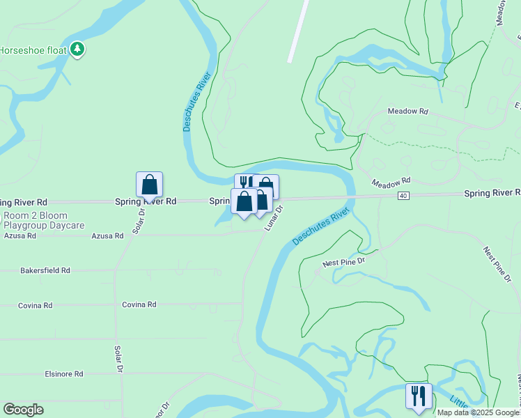 map of restaurants, bars, coffee shops, grocery stores, and more near 17371 Spring River Road in Bend
