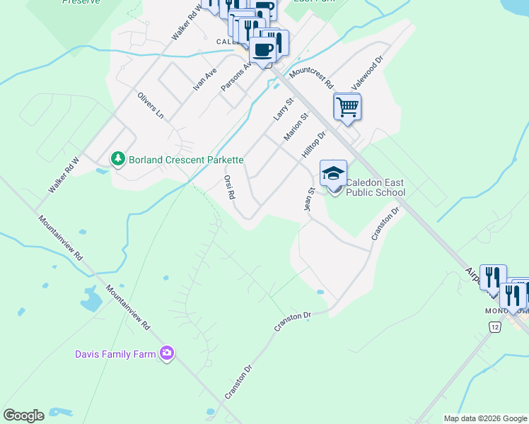 map of restaurants, bars, coffee shops, grocery stores, and more near 34 Hilltop Drive in Caledon
