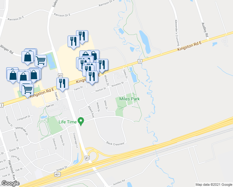 map of restaurants, bars, coffee shops, grocery stores, and more near 14 McGinty Avenue in Ajax
