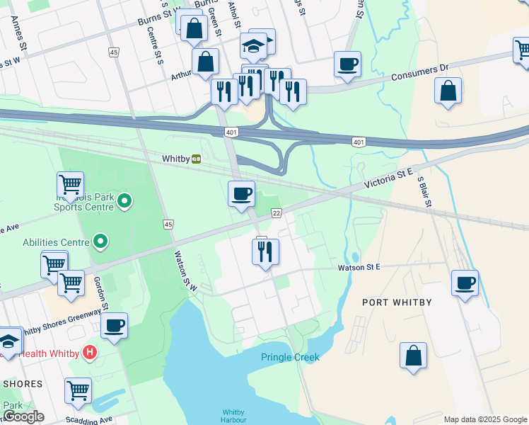 map of restaurants, bars, coffee shops, grocery stores, and more near 100 Victoria Street East in Whitby