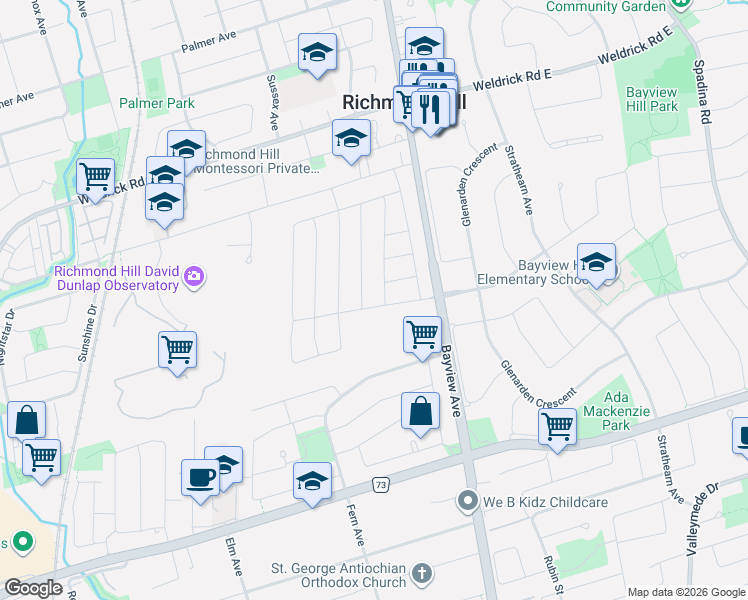 map of restaurants, bars, coffee shops, grocery stores, and more near in Richmond Hill