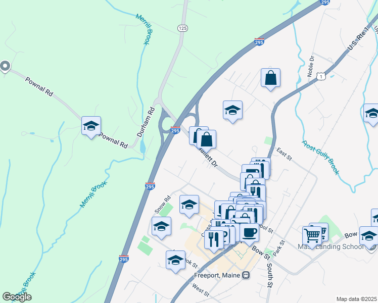 map of restaurants, bars, coffee shops, grocery stores, and more near 15 Oak Avenue in Freeport