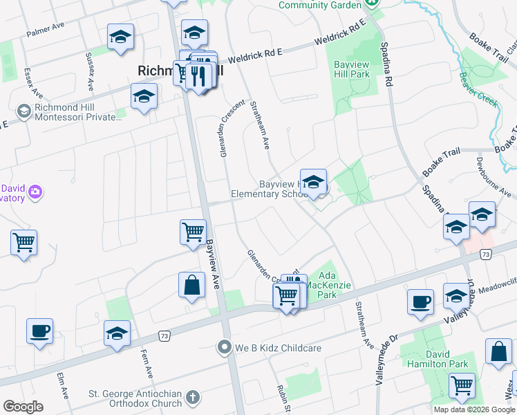map of restaurants, bars, coffee shops, grocery stores, and more near 26 Hillholm Boulevard in Richmond Hill