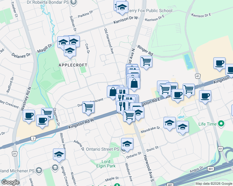 map of restaurants, bars, coffee shops, grocery stores, and more near 16 Coxhead Lane in Ajax