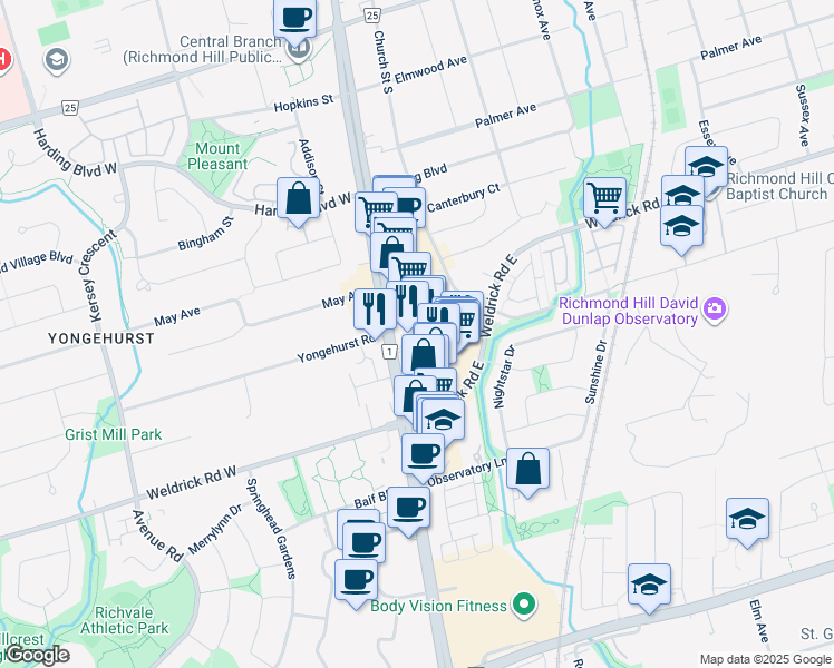 map of restaurants, bars, coffee shops, grocery stores, and more near in Richmond Hill
