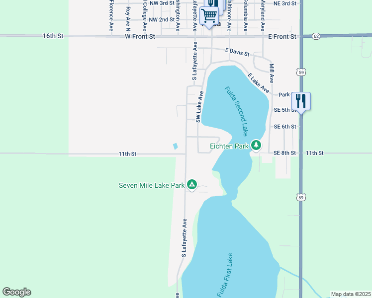 map of restaurants, bars, coffee shops, grocery stores, and more near South Lafayette Avenue in Fulda