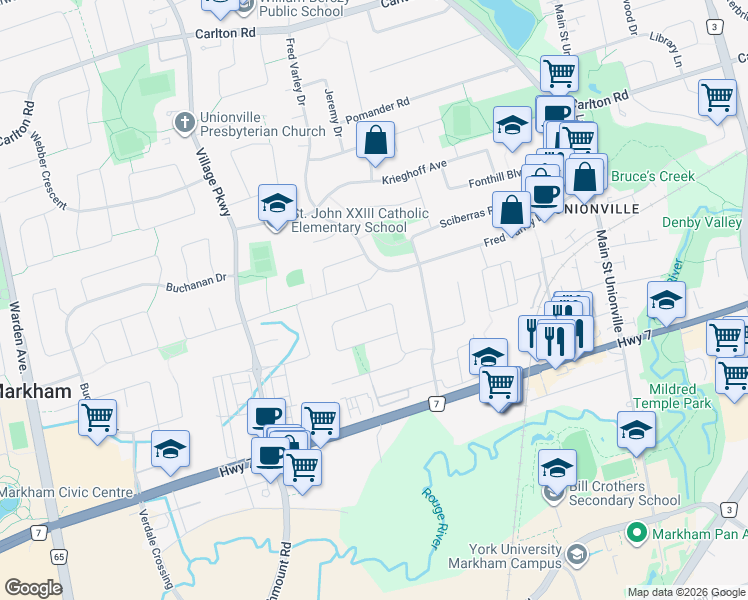 map of restaurants, bars, coffee shops, grocery stores, and more near 37 Emmeloord Crescent in Markham