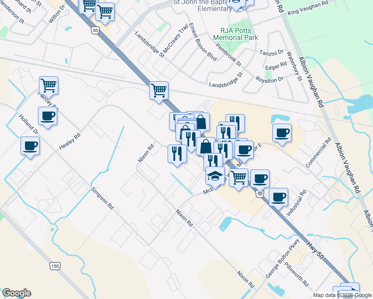 map of restaurants, bars, coffee shops, grocery stores, and more near 12760 Highway 50 in Bolton