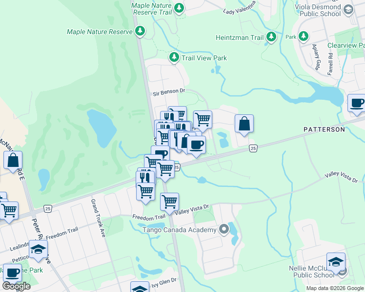 map of restaurants, bars, coffee shops, grocery stores, and more near 1450 Major Mackenzie Drive West in Vaughan