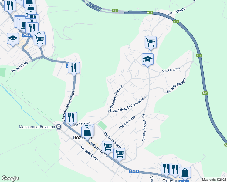 map of restaurants, bars, coffee shops, grocery stores, and more near 45 Via della Fornace in Bozzano