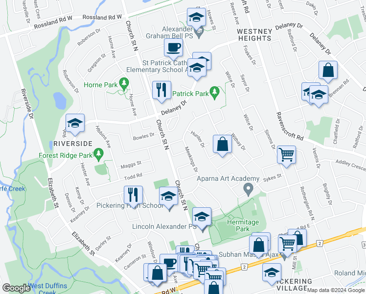 map of restaurants, bars, coffee shops, grocery stores, and more near in Ajax