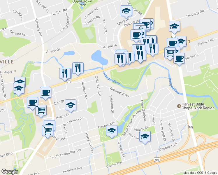 map of restaurants, bars, coffee shops, grocery stores, and more near 10 Riverbend Road in Markham