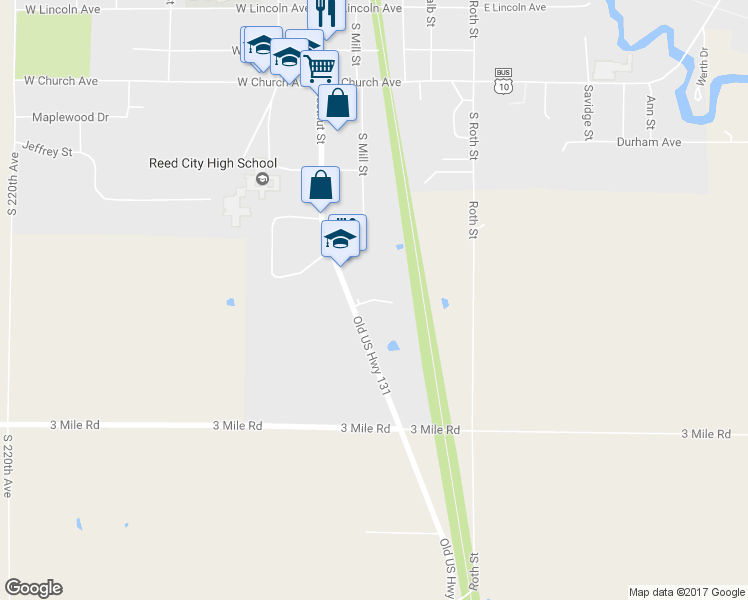 map of restaurants, bars, coffee shops, grocery stores, and more near Crossroads Drive in Reed City