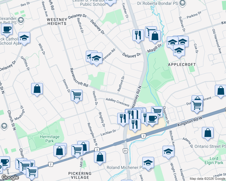 map of restaurants, bars, coffee shops, grocery stores, and more near in Ajax