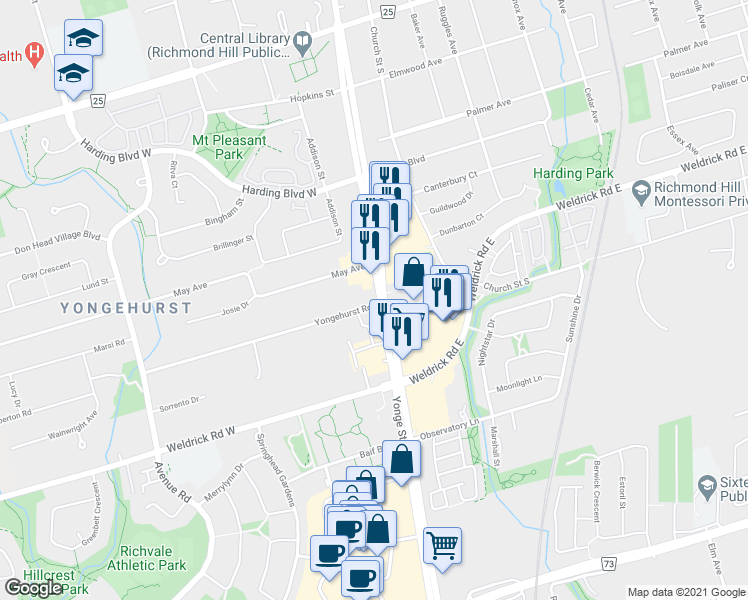 map of restaurants, bars, coffee shops, grocery stores, and more near 9654 Yonge Street in Richmond Hill