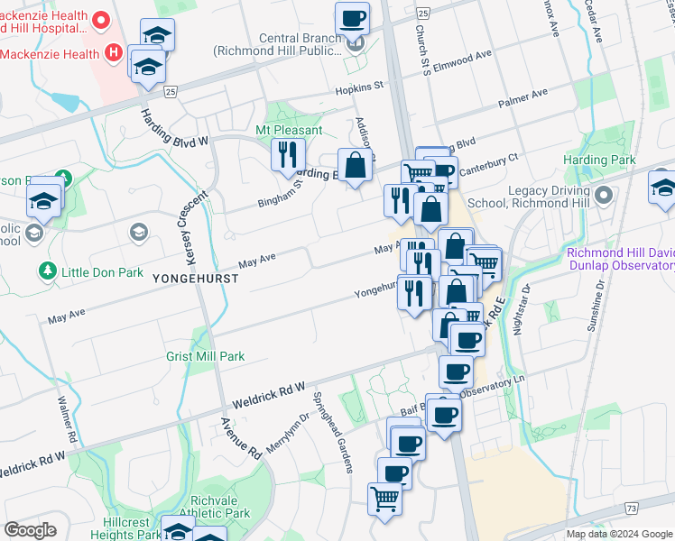 map of restaurants, bars, coffee shops, grocery stores, and more near 47 May Avenue in Richmond Hill