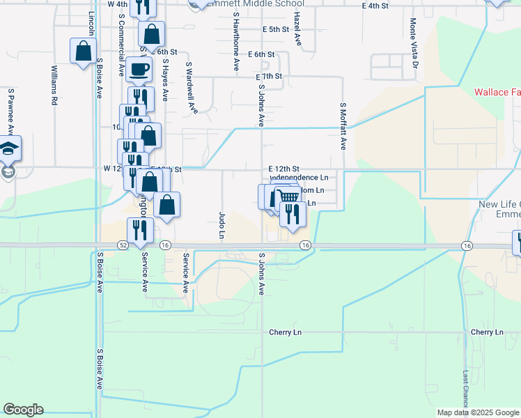 map of restaurants, bars, coffee shops, grocery stores, and more near 1415 South Johns Avenue in Emmett