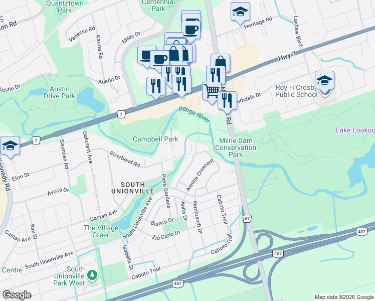 map of restaurants, bars, coffee shops, grocery stores, and more near 1 Campbell Court in Markham