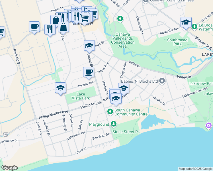 map of restaurants, bars, coffee shops, grocery stores, and more near 1333 Minden Street in Oshawa