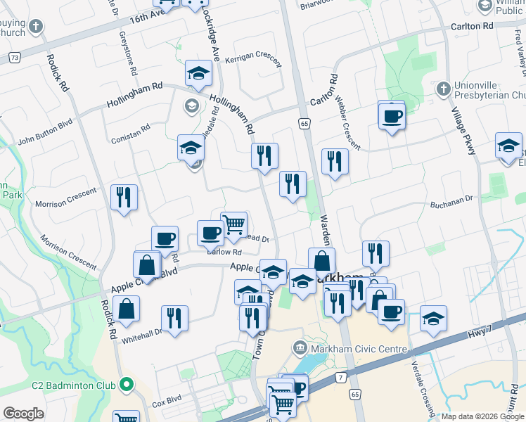 map of restaurants, bars, coffee shops, grocery stores, and more near 46 Hollingham Road in Markham