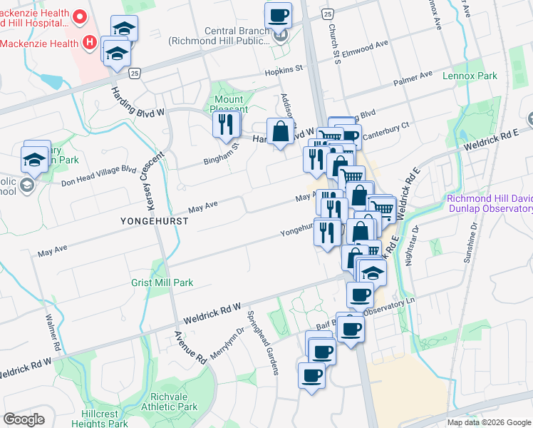 map of restaurants, bars, coffee shops, grocery stores, and more near 47 May Avenue in Richmond Hill